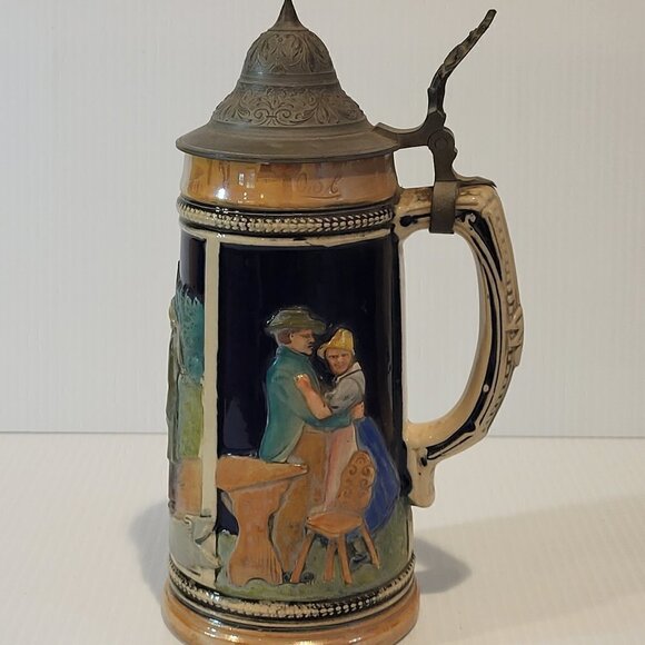 Vintage German Beer Stein Pewter Lid 8.5 in Tall Hand Painted Couple 0.5 L - Picture 1 of 16
